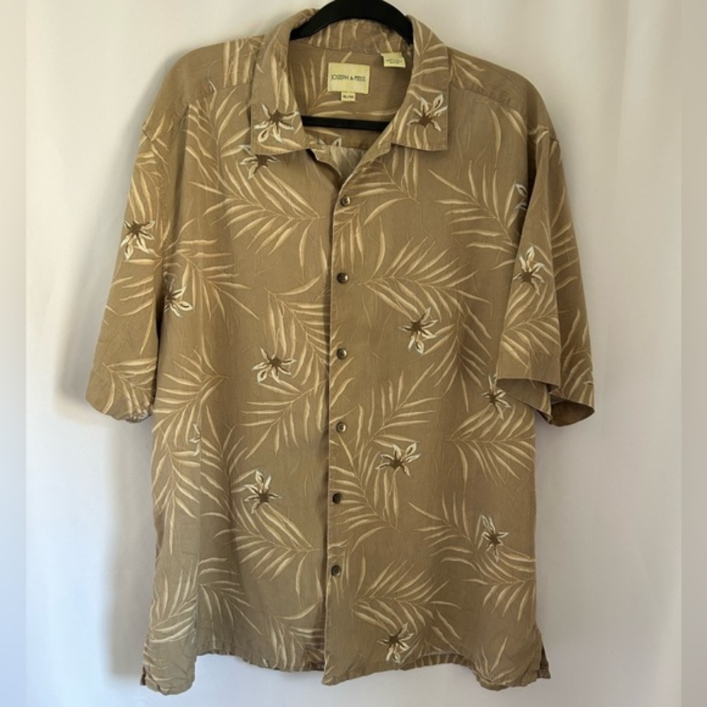 Joseph & Feiss Mens Hawaiian Shirt XL 100% Silk  Beige Tan Summer Luau‎ Vacation